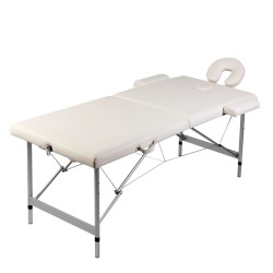 Masă de masaj pliabilă, 2 zone, alb crem, cadru din aluminiu