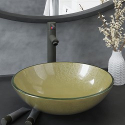 Chiuvetă baie cu robinet și scurgere tip push, sticlă aurie