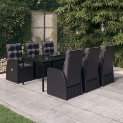 Set de masă pentru grădină, 7 piese, cu perne, negru