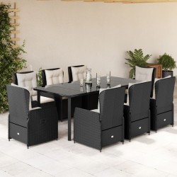 Set mobilier de grădină cu perne, 9 piese, negru, poliratan