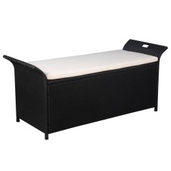 Bancă de depozitare cu pernă, negru, 138 cm, poliratan