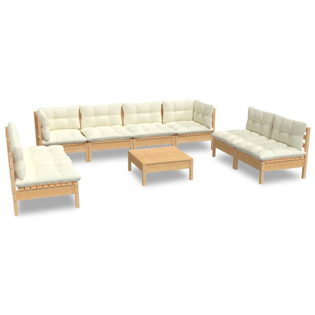Set mobilier grădină cu perne crem, 9 piese, lemn de pin