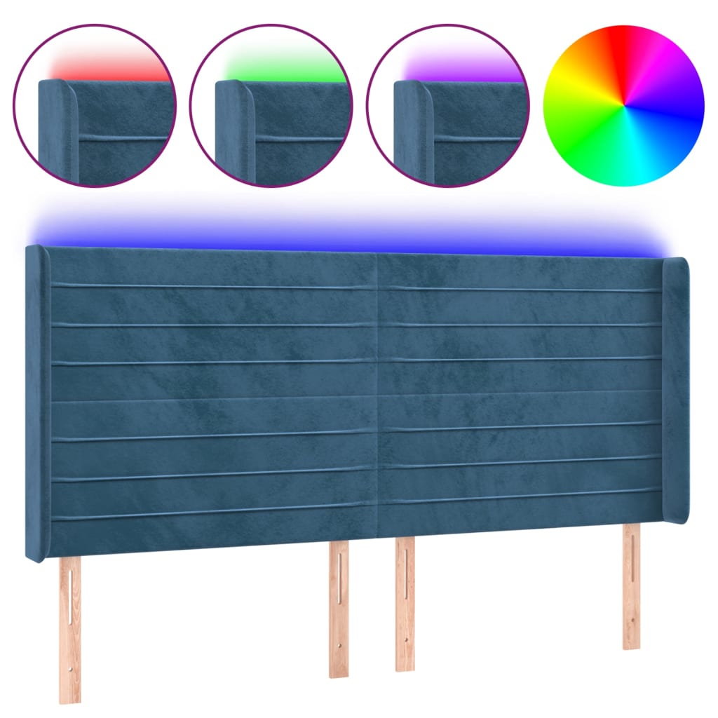 Tăblie de pat cu led, albastru închis, 203x16x118/128cm catifea Tăblie de pat cu led, albastru închis, 203x16x118/128cm catifea